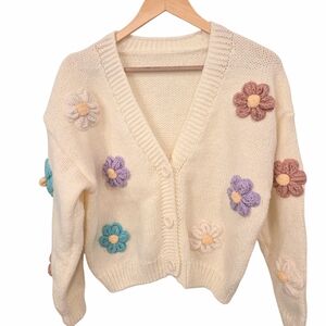 Cream Cardigan with Knitted Flowers Shein Soft Chunky Sweater L